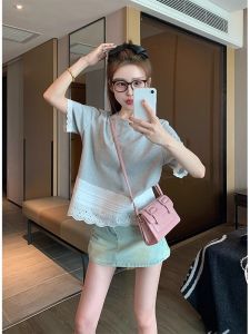 WANGGONGZHU | Lace Splice Short Sleeve T-Shirt Women Summer New Design Casual Shoulder Loose Creative Commute Style Round Neck Top