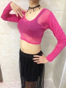 Elastic Mesh Base Shirt Half-length Long Sleeve Slim Fit Low round Neck Womens Top Fashionable Versatile Short Style Nylon Fabric