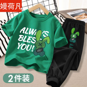 ผ้าฝ้ายแท้เด็กชายชุดฤดูร้อน 2024 สไตล์ใหม่สบายๆพิมพ์แขนสั้นและกางเกงขาสั้นชุดสําหรับเด็กอายุ 3-14 ปี