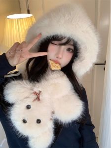 Winter Cute Fluffy Puppy Scarf Hat Integrated Two-piece Set Female Warm All-Matching Cold Protection Earflaps Ushanka