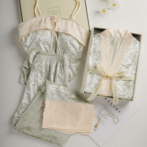 Cat Person Gold Velvet Sleepwear Women with Chest Pad Autumn Winter Three Piece Set New Chinese Style National Trend Gift Box