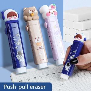 Cartoon Cute Pencil Eraser Retractable Pen Shape Stationary Refillable Eraser School Office Supplies Soft Rubber (Rabbit/Girl/Bear/Spaceman)