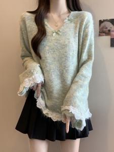 Light Green Cashmere Knitted Sweater V-Neck Hanging Neck Womens Autumn Clothes plus Size Lace Flower Edge Top