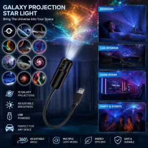【Hot Sale】 LED Galaxy Projector Light 360° Rotating Starry Sky Night Light USB Powered Projection Lamp for Bedroom Home Party Decor HLINKEY