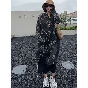 เสื้อเชิ้ตแขนยาวผู้หญิงไซส์ใหญ่ลายดอกไม้สีดำ สไตล์เกาหลี ปกโปโล ทรงหลวม ใส่สบาย ระบายอากาศได้ดี เสื้อเชิ้ตฤดูร้อน