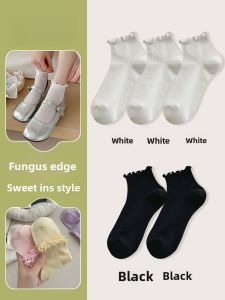 JINGCHI | Womens Spring Autumn Thin Cotton Socks With Wood Grain Edge Cute Lace Short Socks Summer Trendy Mid-Calf Cotton Socks