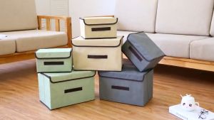 ALON Clothes Storage Box Foldable Linen Clothes Organizer Box Storage Basket with Cover Kotak Simpan Baju