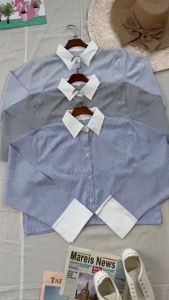 เสื้อครอป รุ่น เชิ้ตแขนยาว ลายริ้ว แต่งปกเชิ้ต+ปลายแขนตัดสี อก40++ เชิ้ตสาวอวบ อ้วน