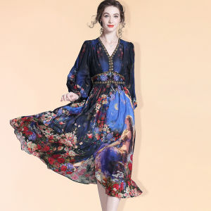 Elegant Silk Dress Womens Autumn New Style High-end Luxury Vintage Print Skirt Handkerchief Hem A-line Silken Gown