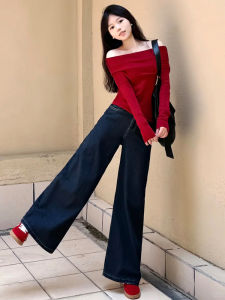 Loose Wide Leg Denim Jeans Womens Deep Blue Lazy Straight Casual Pants High Waist Slimming Comfortable Autumn New Style