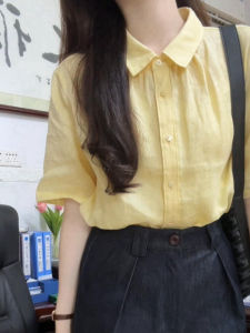 Áo thun PAIBOLI cho nữ chất liệu cotton lanh tay ngắn màu vàng kiểu cổ polo dáng rộng phong cách Pháp