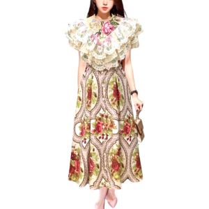 P007-128 PIMNADACLOSET - Crew Neck Shot Puffed Sleeve Button Front Tie Waist Ruffle Print A Line Midi Dress