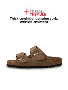 THEMULE | Arch Support Leather Cork Double Strap Slide Sandals