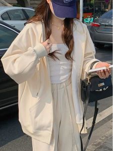 Áo Khoác Cardigan Trùm Đầu Rộng Rãi American High Street Dành Cho Nữ Mùa Thu Đông Có Mũ Trùm Đầu Lót Lông Cừu Dài Tay Màu Trơn