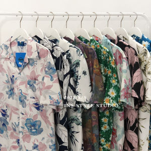 Hong Kong Style Ins Retro Oil Painting Full Print Short Sleeve Shirt Mens Seaside Hawaii Loose BF Lazy Casual Outwear
