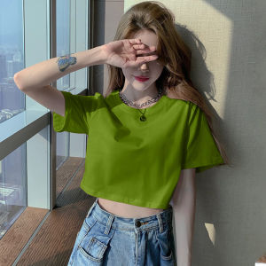 Avocado Green Short Sleeve T-Shirt Women Loose Casual High Waist Crop Top Jazz Dance Style Summer New Unique Leisure Top