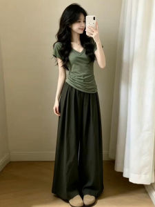 NIUVIES | Green Short Sleeve T-shirt Womens Summer Wide Leg Pants Suit