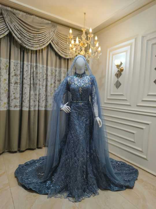 gaun pengantin wedding dress span slim warna biru denim Gaun