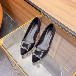 2 Inches High Heels for Women: Pointed Toe Black Comfortable Block Heels, Plus Size Single Shoe Rhinestone Work Shoes
