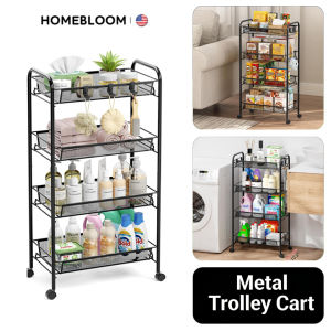 HOMEBLOOM-100% Metal 3/4/5 Layer trolley cart Space saving mobile storage rack Metal utility rack for Bedroom and Bathroom