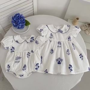 2026 Summer Sister Dress 0-24M Baby Girl Embroidery Collar Romper 2-6Yrs Kid Sweet Party Short Sleeves Dress