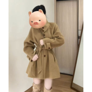Áo khoác len CHANGTONG cạp cao màu kaki dáng vừa phải chất liệu polyester phong cách thu đông