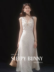 V-Neck Polka Dot Waist-Cinching A-Line Dress Vintage White