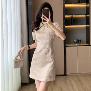Váy Dài Chữ a Cạp Cao Mùa Hè Mới Kiểu Trung Hoa Cổ Điển Thanh Lịch Váy Ngắn Tay Ngắn Họa Tiết Hoa Cho Nữ