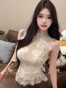 GUZILIAN | French Elegant Style Lace Sleeveless Vest Slim Short