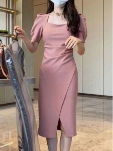 Elegant Fashion Slim Fit Slimming Sheath Split Dress Female 2024 Summer New Arrival French Square Collar Puff Sleeve Dress