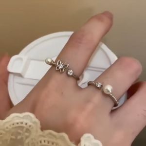 Pharaoh🍓Cincin Terbuka Kupu-kupu Mutiara Zirkon Cincin Pribadi Wanita/Hollow Ring COD