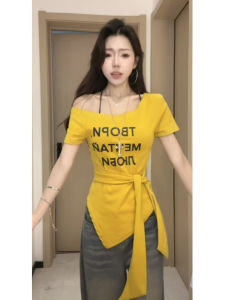 plus Size One Shoulder Short Sleeve T-Shirt Womens Summer Conceal Meat Slimming Top Design Printed Body Shirt Korean Style