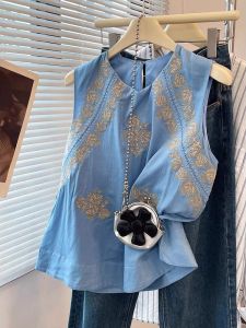 WANGGONGZHU | Elegant Embroidered Sleeveless Vest Womens Casual Cotton Linen Loose Top Blue Summer Fashion 2025 New Arrival Princess Style
