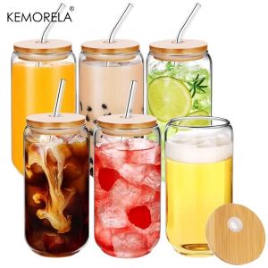 Set of 2/4/6 Glass Can Shaped Cups 500ml with Spill-Proof Lids And Straws plus Straw Cleaning Brushes - Birthday Gift Idea