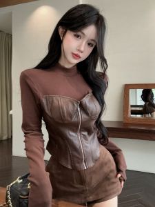 GUZILIAN | Design Sensitivity PU Leather Long Sleeve T-shirt Autumn Winter New Arrival