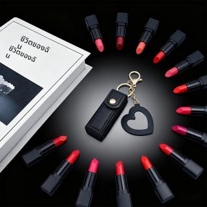 กระเป๋าใส่ลิปสติกหนังแบบพกพา กระเป๋าเครื่องสำอางพร้อมพวงกุญแจกระจก ที่จัดระเบียบลิปบาล์มสำหรับเครื่องสำอาง