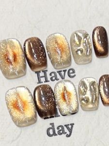 Autumn Winter Brown Cat Eye Snake Year Flashy Elegant Nail Tips Diamond Embedded Irregular Shaped Fake Nails Gentle Color
