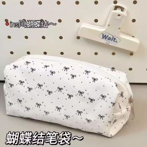 Large Capacity Butterfly Knot Pencil Case Black White Student Makeup Bag Cute Girl Stationery Storage Bag High Aesthetic Value
