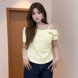 plus Size Womens Irregular Shoulder Strap T-Shirt Short Sleeve Summer New Sweet And Spicy Meat Conceal Slimming Top
