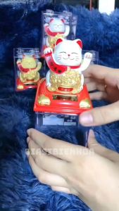Mèo Thần Tài Ôm Hũ Vàng Túi Vàng Vẫy Tay 9x8cm Dùng Pin Năng Lượng Mặt Trời