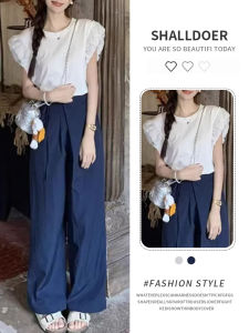 Shalldoer | Lace Splicing Hollow Out Short Sleeve T-Shirt Womens Summer Unique Bubble Sleeve Casual Style Breathable Round Neck Top