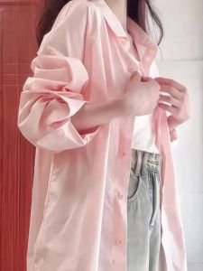 Áo Sơ Mi Nữ Dáng Rộng Tay Dài Màu Hồng Phong Cách Hàn Quốc Mùa Hè 2025 Áo Khoác Ngoài Chống Nắng Áo Len Cardigan Cổ Polo Màu Trơn