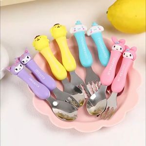 Cute Short Handled Childrens Tableware Cartoon Stainless Spoon & Fork Set With Case For Kids