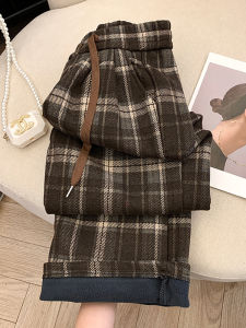 Retro Fleece Lined High Waist Plaid Pants Womens Spring Autumn New Style Lazy Woolen Wide Leg Pants Korean Style Commute