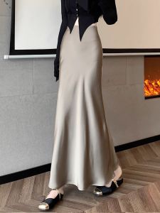 Acetate Satin Fish Tail Skirt Womens Long High Waist A-Line Bodycon Skirt Commute Style Korean Version Zipper Design