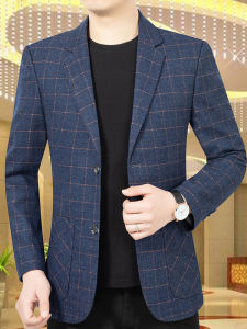 Casual Plaid Mens Suit Jacket Standard Fit Button Decor Polyester Fiber Business Casual Spring Autumn Single Piece Dad Coat
