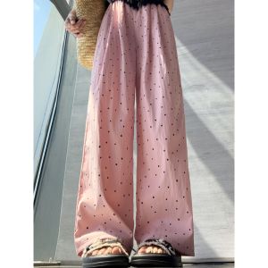 กางเกงขายาวเอวสูงลายจุดสีชมพู ผ้าไหมน้ำแข็งสไตล์ญี่ปุ่น ทรงหลวมสบาย ๆ สำหรับผู้หญิง ฤดูร้อน 2025 กางเกงขายาวทรงหลวมสำหรับผู้หญิง