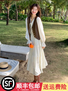 ย้อนยุค เสื้อกั๊ก เดรส ชุด ผู้หญิง ฤดูใบไม้ผลิ สไตล์คาวบอยตะวันตกอ่อนโยน สีขาว เดรส สองชิ้น ชุดสูท กระโปรงทรงเอ แขนยาว Natural เอว