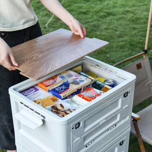 Homy Large Storage Box Foldable Camping Storage Bin with Wood Lids Collapsible Outdoor Storage Box