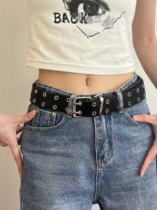 Double Row Hole Belt Womens Suit Waist Chain Punk Style Decorative Accessory Summer Denim Trendy Belt for Students